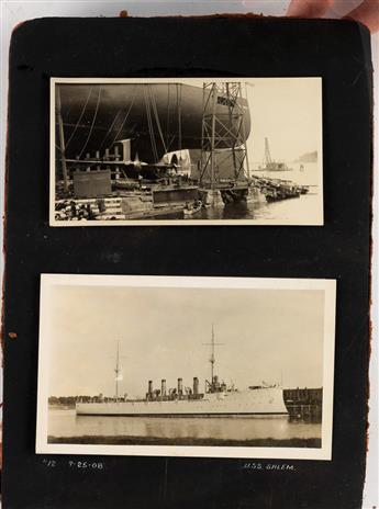 (BATTLESHIPS & AVIATION) Album with nearly 175 photographs of ships, many in various stages of contruction and launch